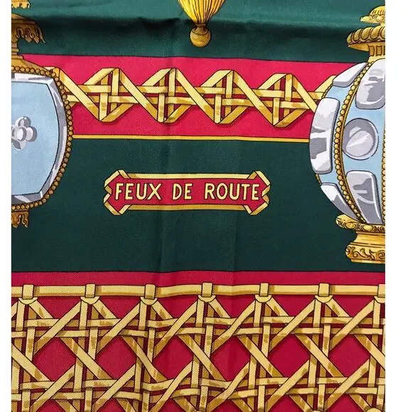 Hermes Feux De Route Vintage 90cm Green Red Silk Scarf Carre - Picture 8 of 9